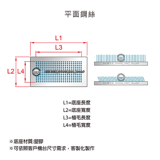 平面鋼絲刷-正側規格圖-直針-彎針-不鏽鋼