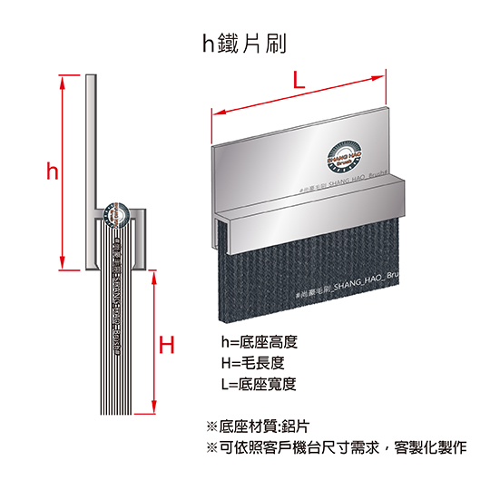 h型毛刷-正反側視圖-尺寸說明-可依客戶機器尺寸需求客製化訂做